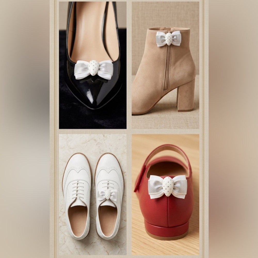 Vintage white/silver almond bow shoe clips NEW